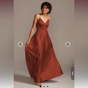 David’s Bridal Spaghetti Strap Satin A-Line Long Bridesmaid Dress in Cinnamon